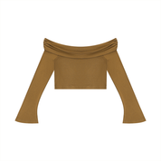 BROWN ALBUM Women's Off-the-Shoulder Bell Sleeve Crop T-Shirt