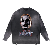 FOR THE MOMENT BIG HEAD Sun Fade Distressed Ripped Crewneck sweater