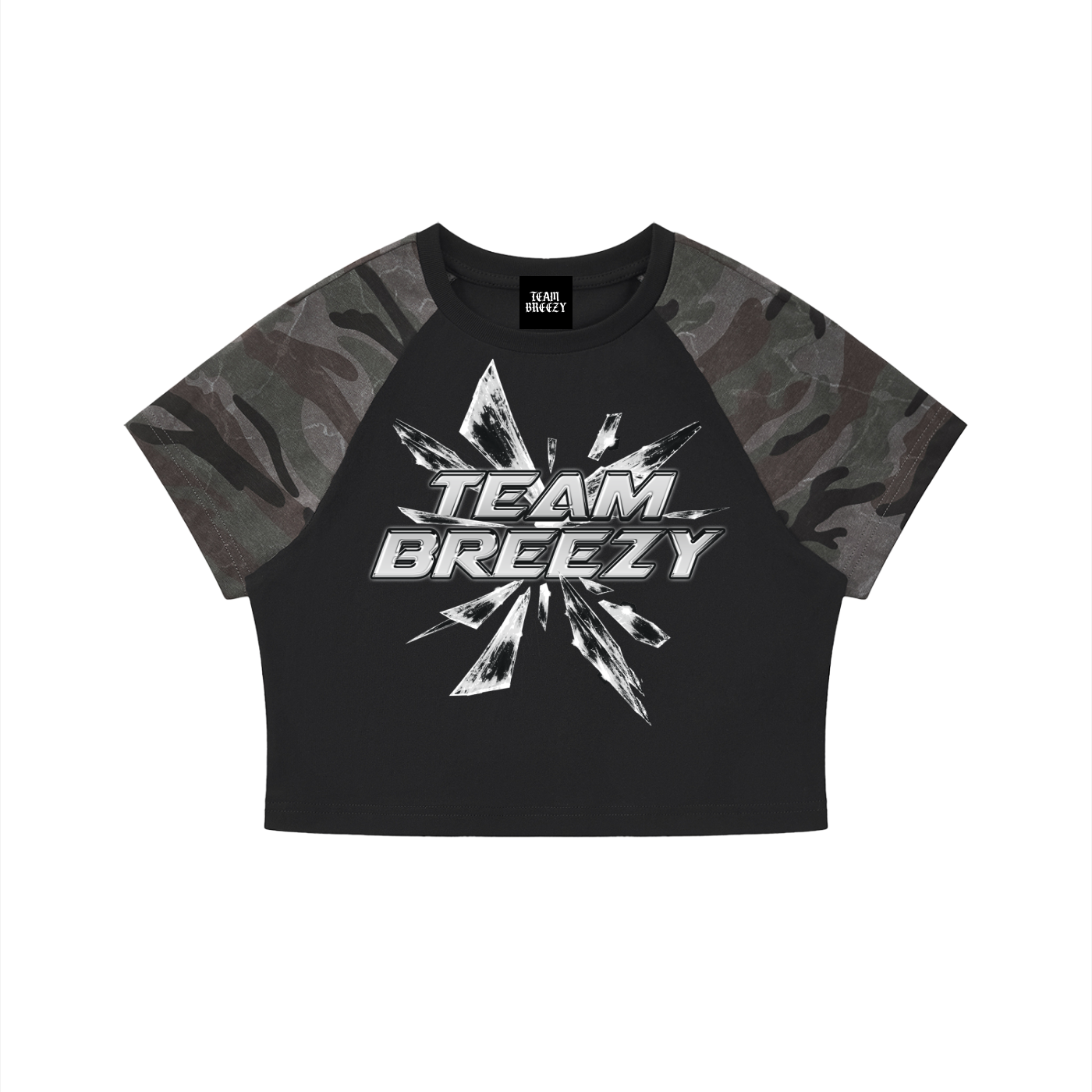 TEAM BREEZY DRIFT Women’s Gray Camo Raglan Crop T-Shirt