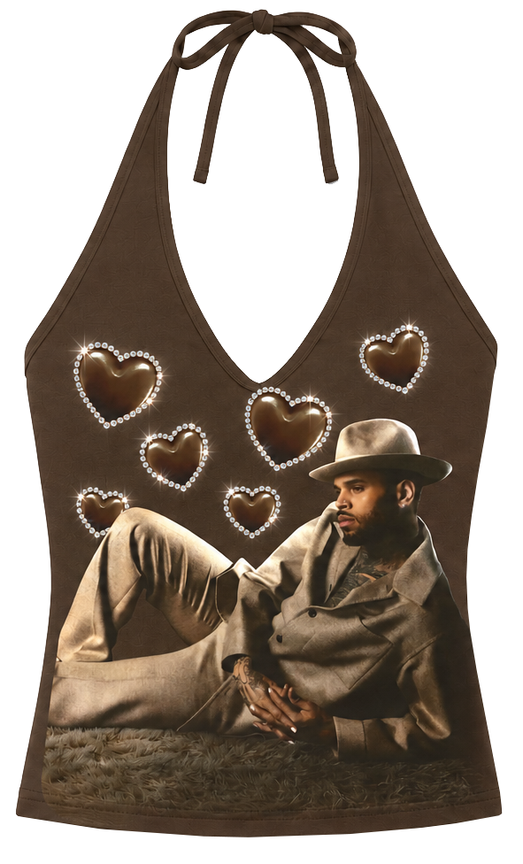 BROWN RHINESTONE WOMEN'S HALTER TOP