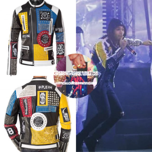 Philipp Plein Men’s Studded Embroidery Patches Leather Jacket – As Worn by Chris Brown Sz M