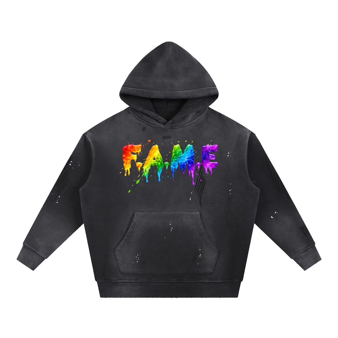 F.A.M.E. 15TH ANNIVERSARY SPLATTER WASHED FRAYED FLEECE HOODIE