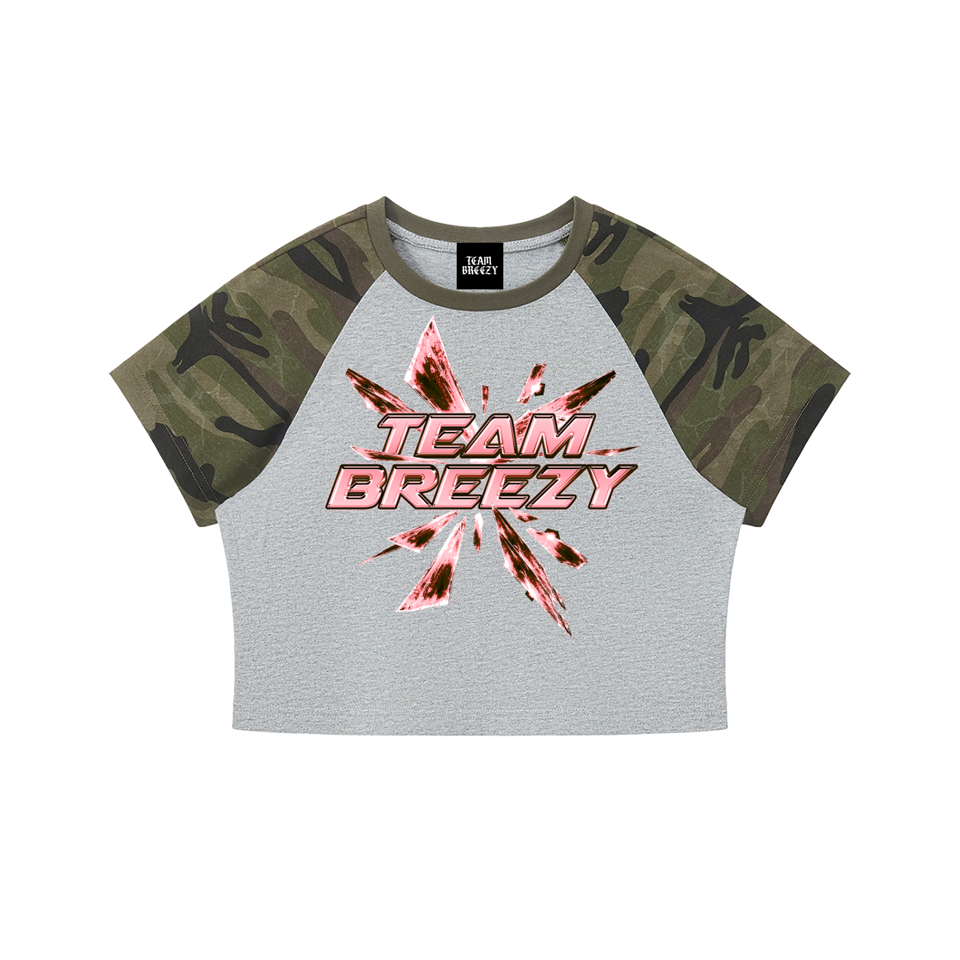 TEAM BREEZY DRIFT Women’s Green Camo Raglan Crop T-Shirt
