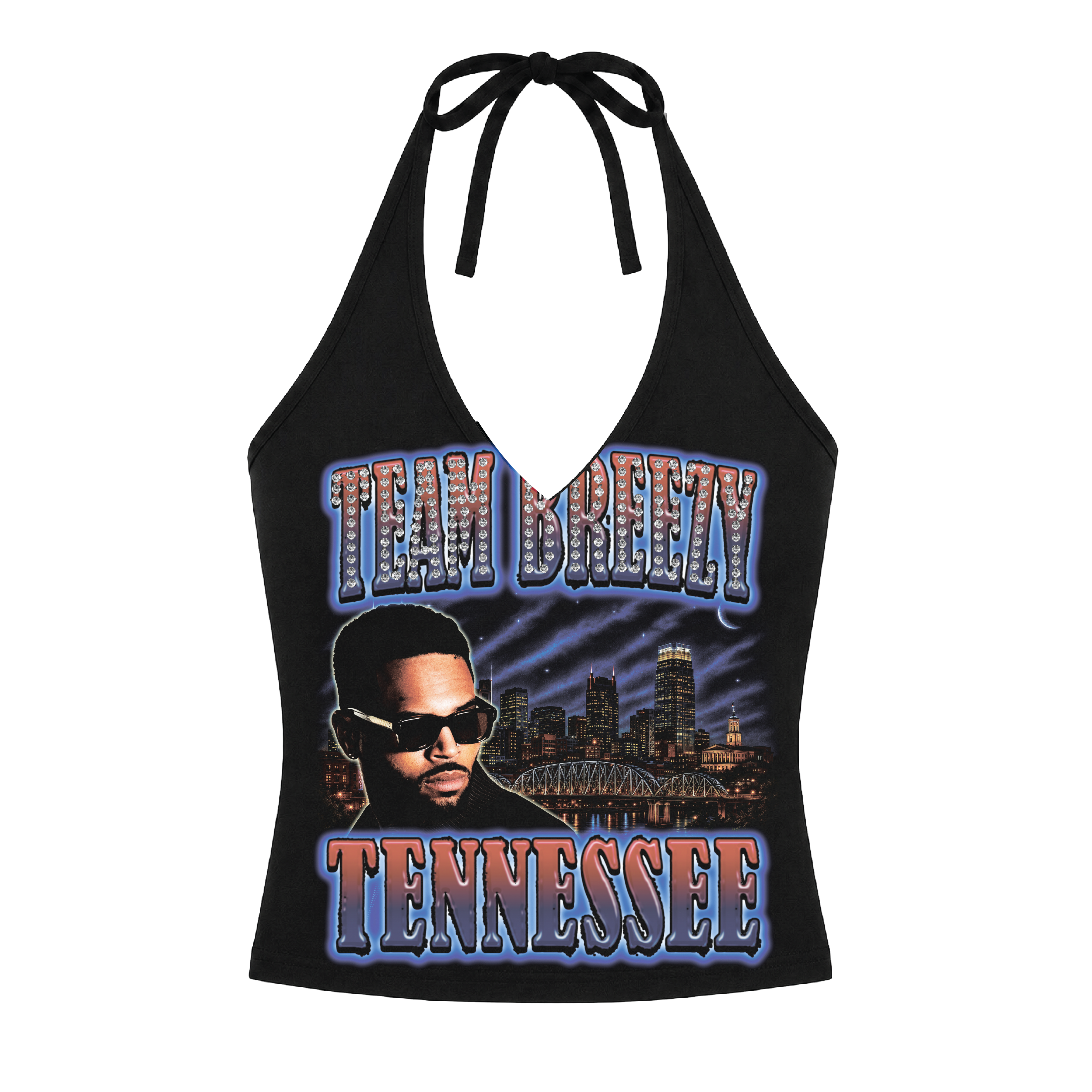 TEAM BREEZY REP YOUR CITY HALTER TOP W/ RHINESTONES
