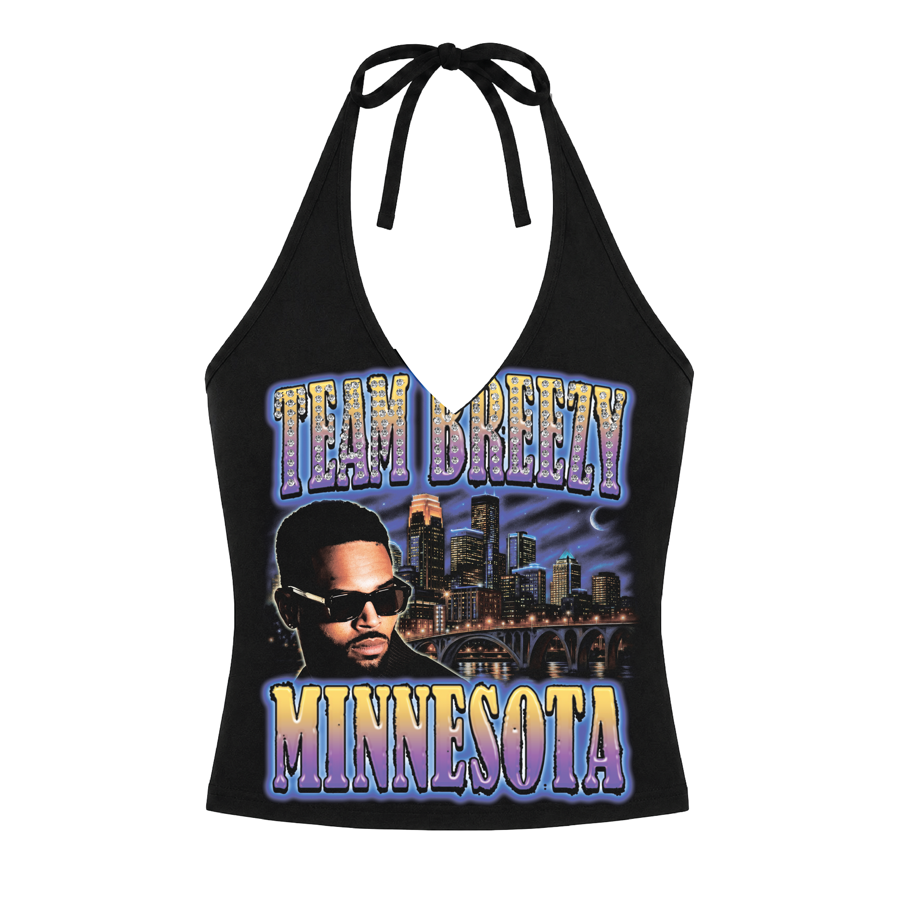 TEAM BREEZY REP YOUR CITY HALTER TOP W/ RHINESTONES
