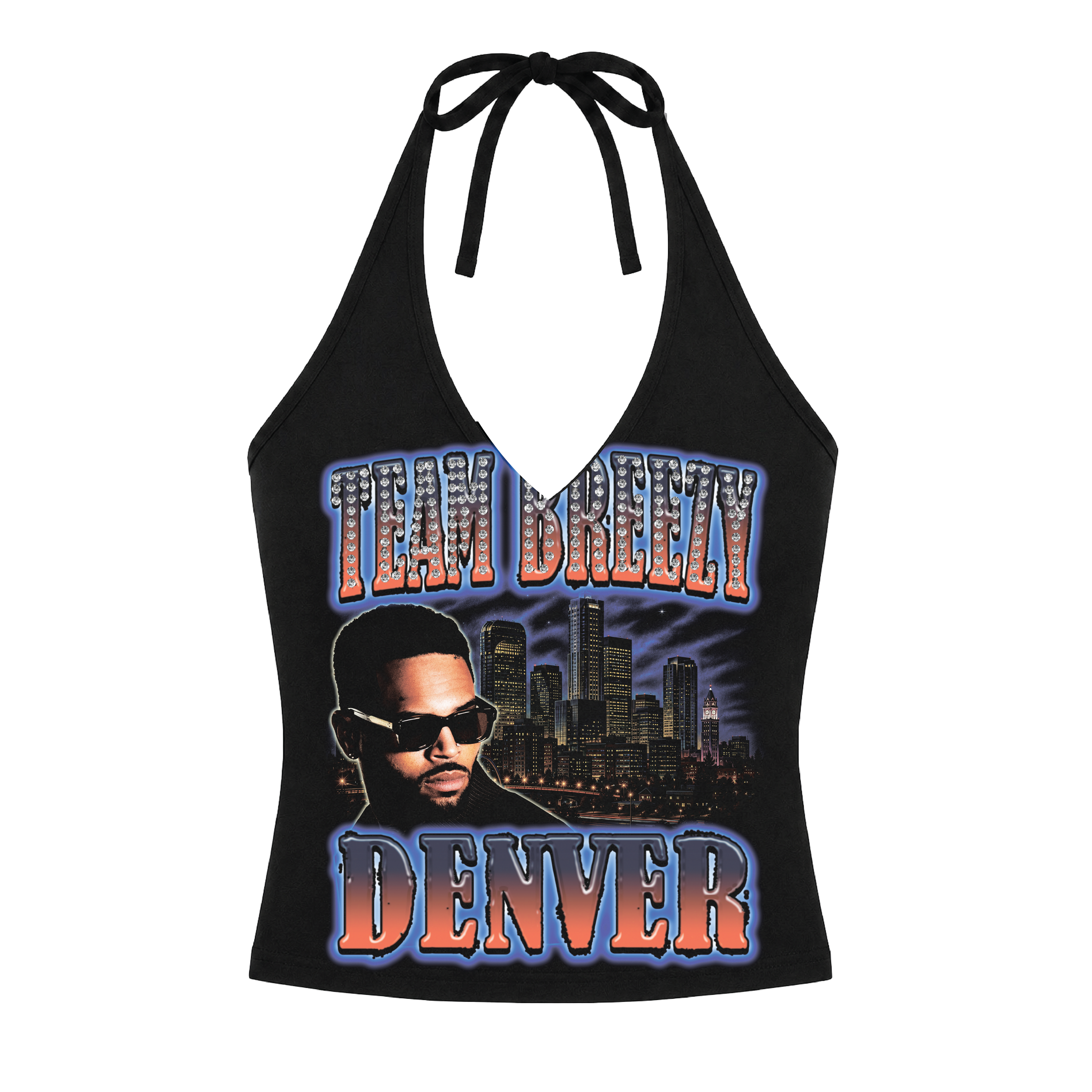 TEAM BREEZY REP YOUR CITY HALTER TOP W/ RHINESTONES
