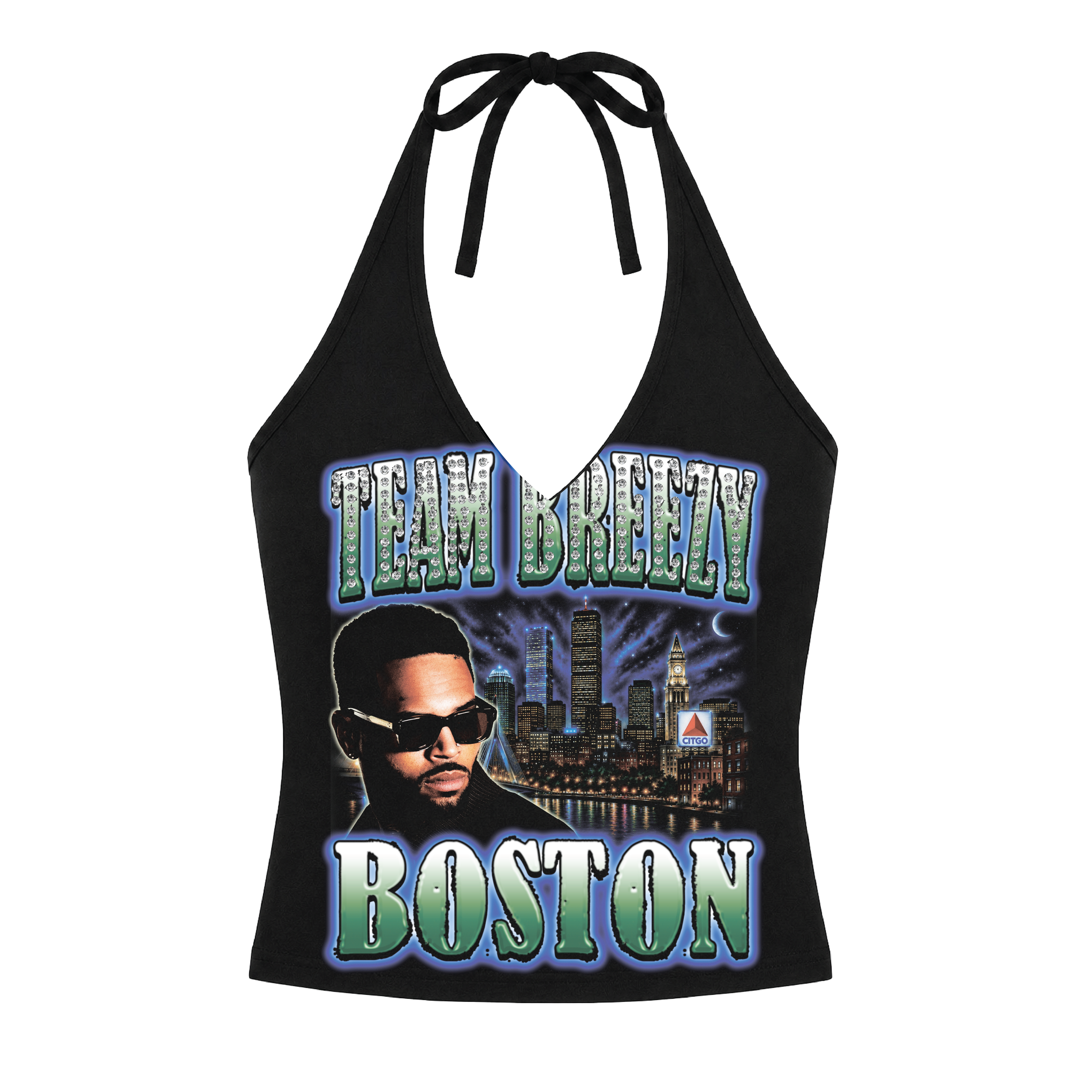 TEAM BREEZY REP YOUR CITY HALTER TOP W/ RHINESTONES