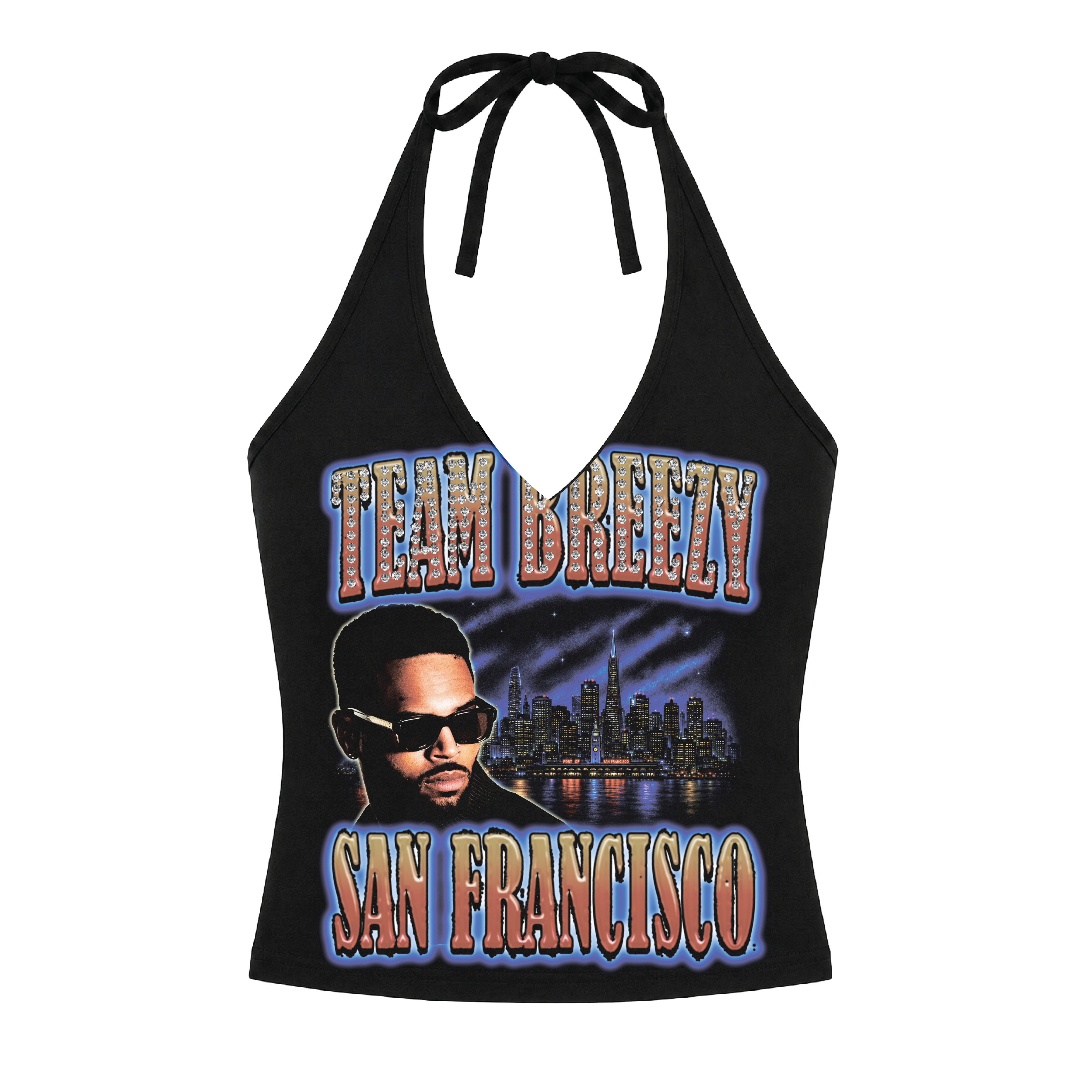 TEAM BREEZY REP YOUR CITY HALTER TOP W/ RHINESTONES