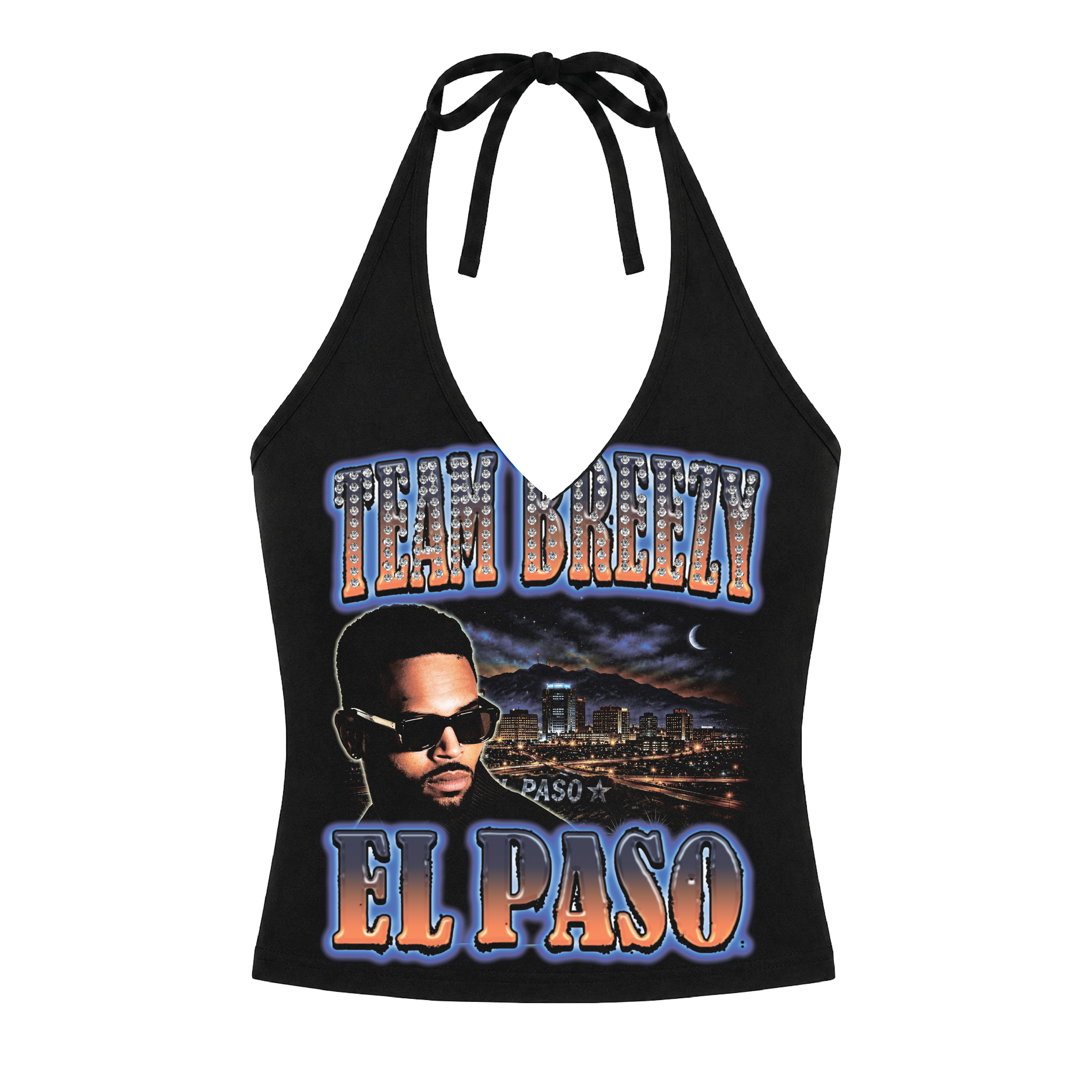 TEAM BREEZY REP YOUR CITY HALTER TOP W/ RHINESTONES
