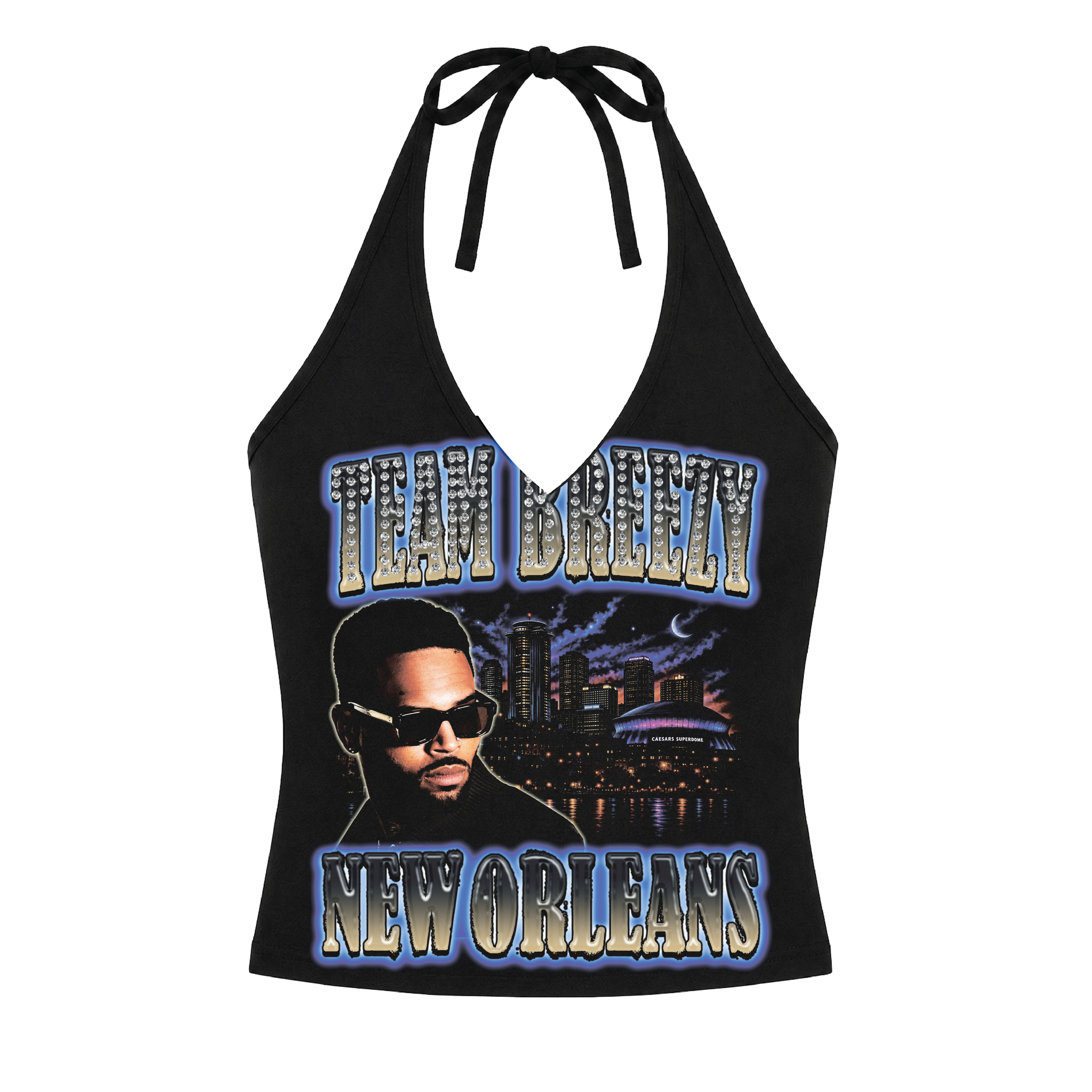 TEAM BREEZY REP YOUR CITY HALTER TOP W/ RHINESTONES