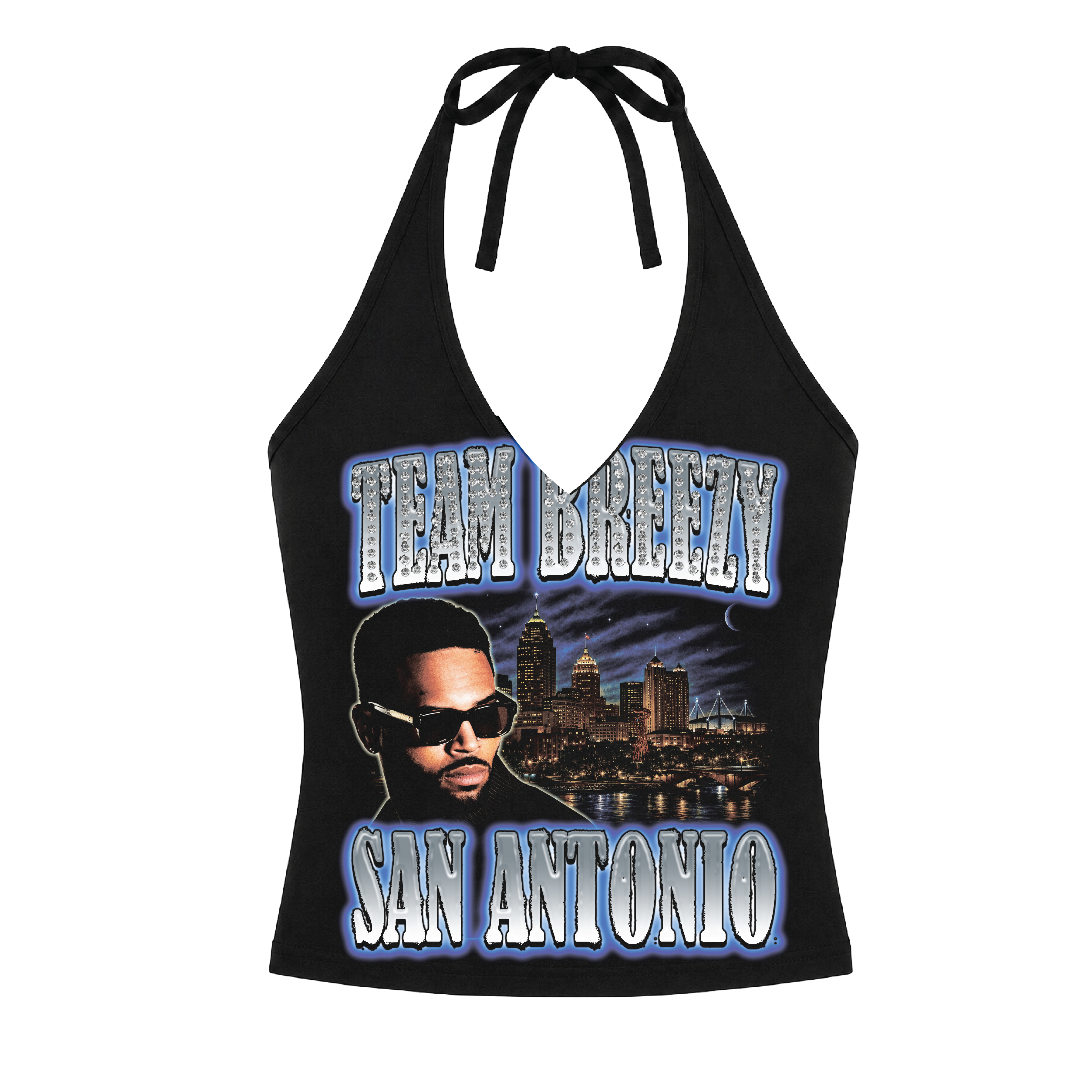 TEAM BREEZY REP YOUR CITY HALTER TOP W/ RHINESTONES