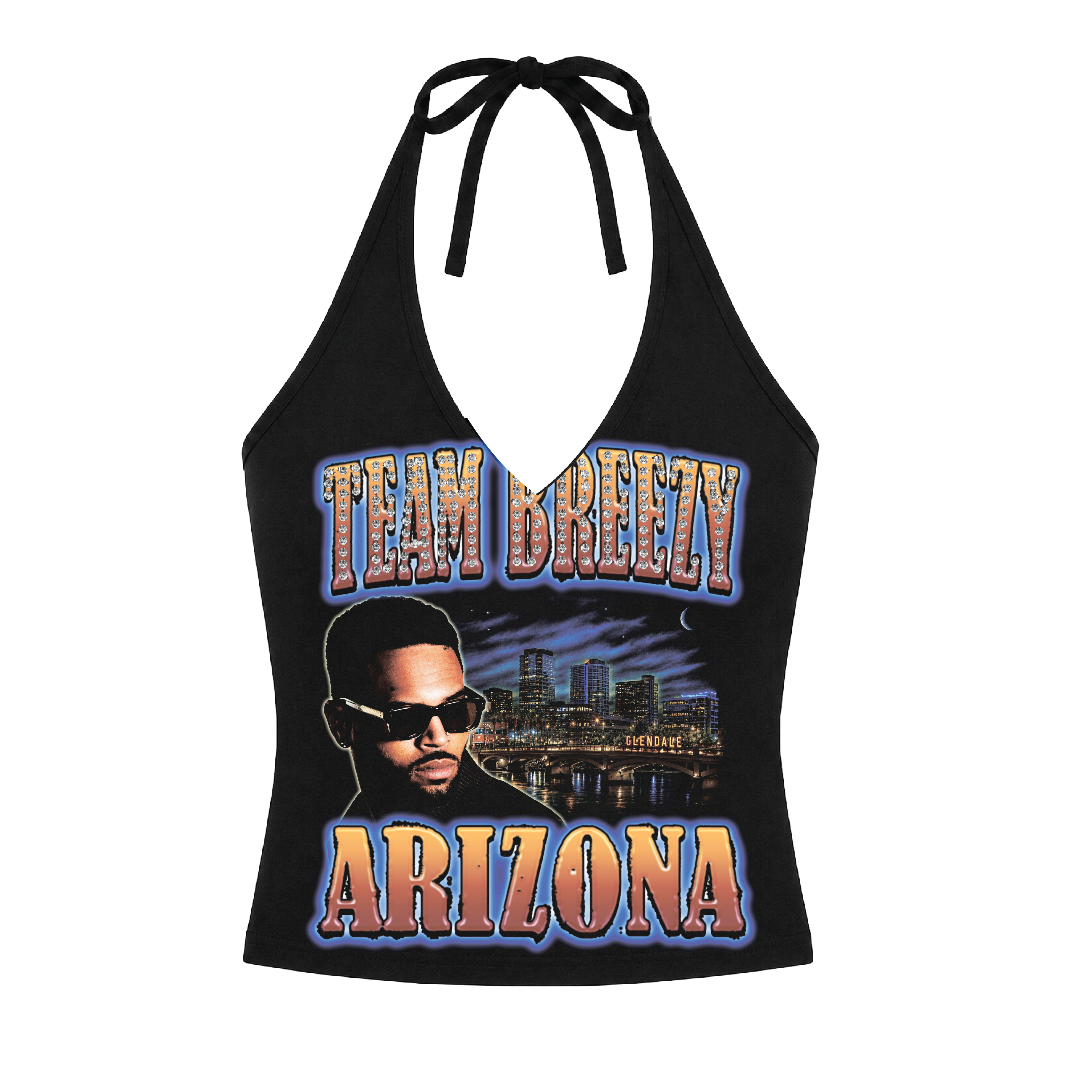 TEAM BREEZY REP YOUR CITY HALTER TOP W/ RHINESTONES