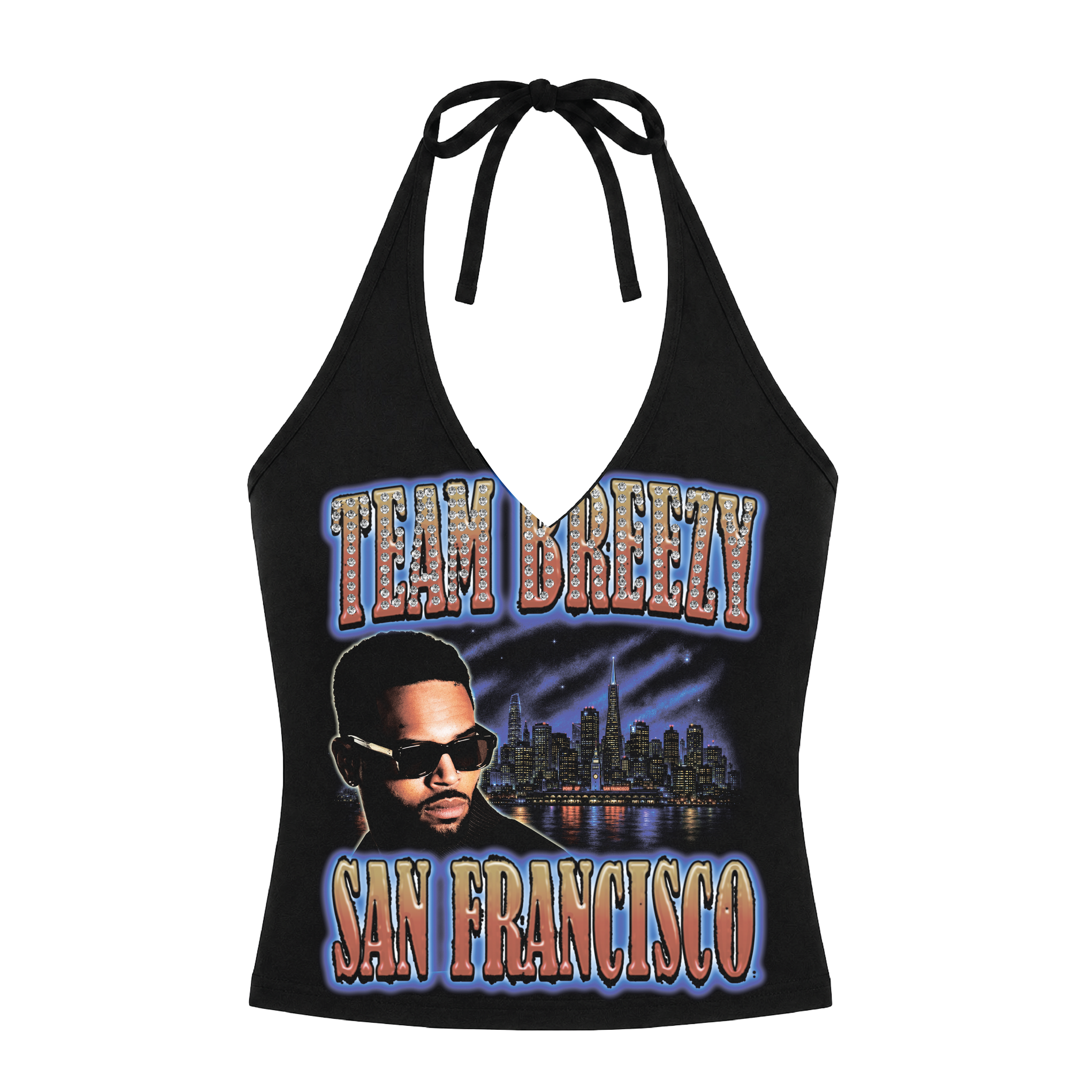 TEAM BREEZY REP YOUR CITY HALTER TOP W/ RHINESTONES