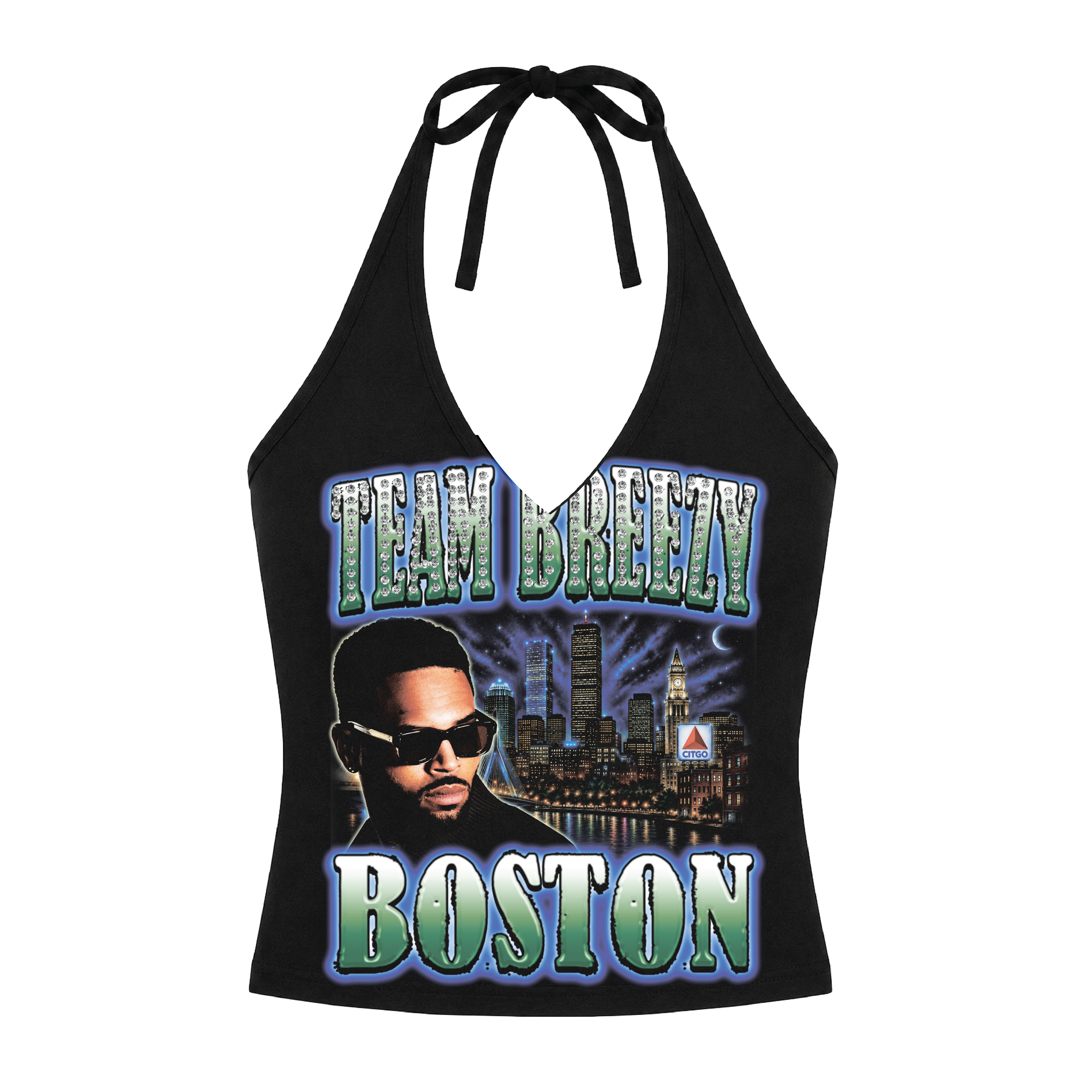 TEAM BREEZY REP YOUR CITY HALTER TOP W/ RHINESTONES