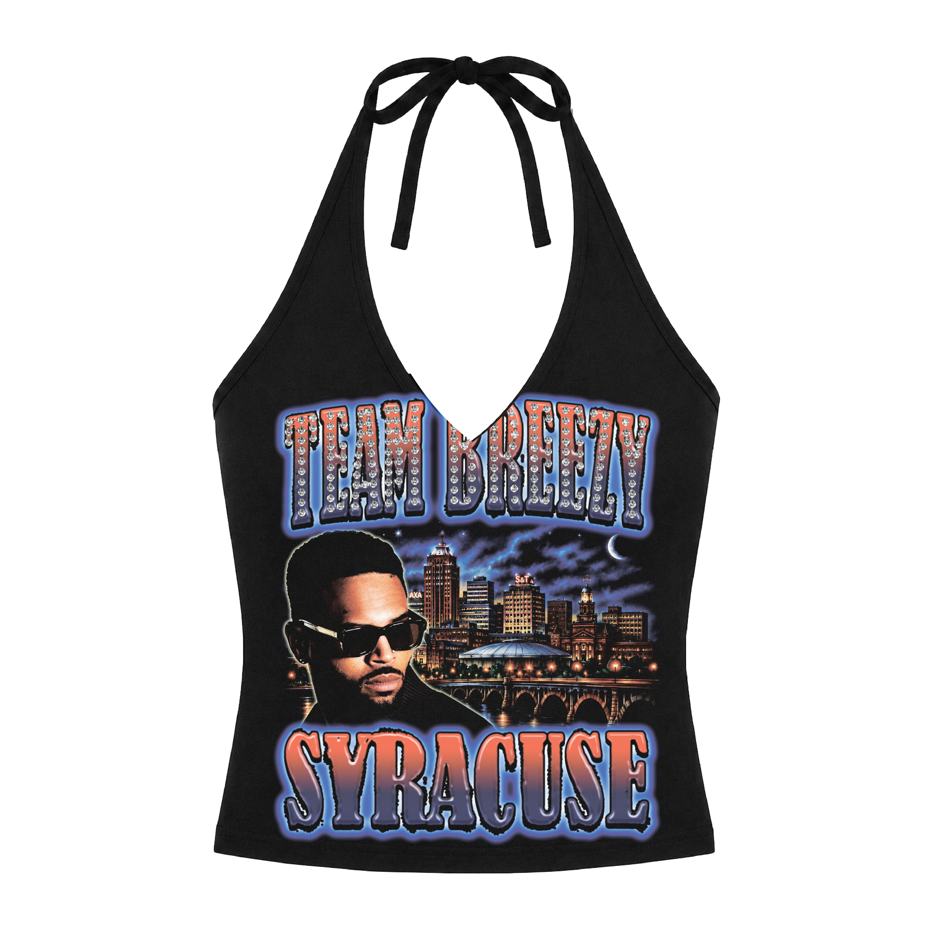 TEAM BREEZY REP YOUR CITY HALTER TOP W/ RHINESTONES