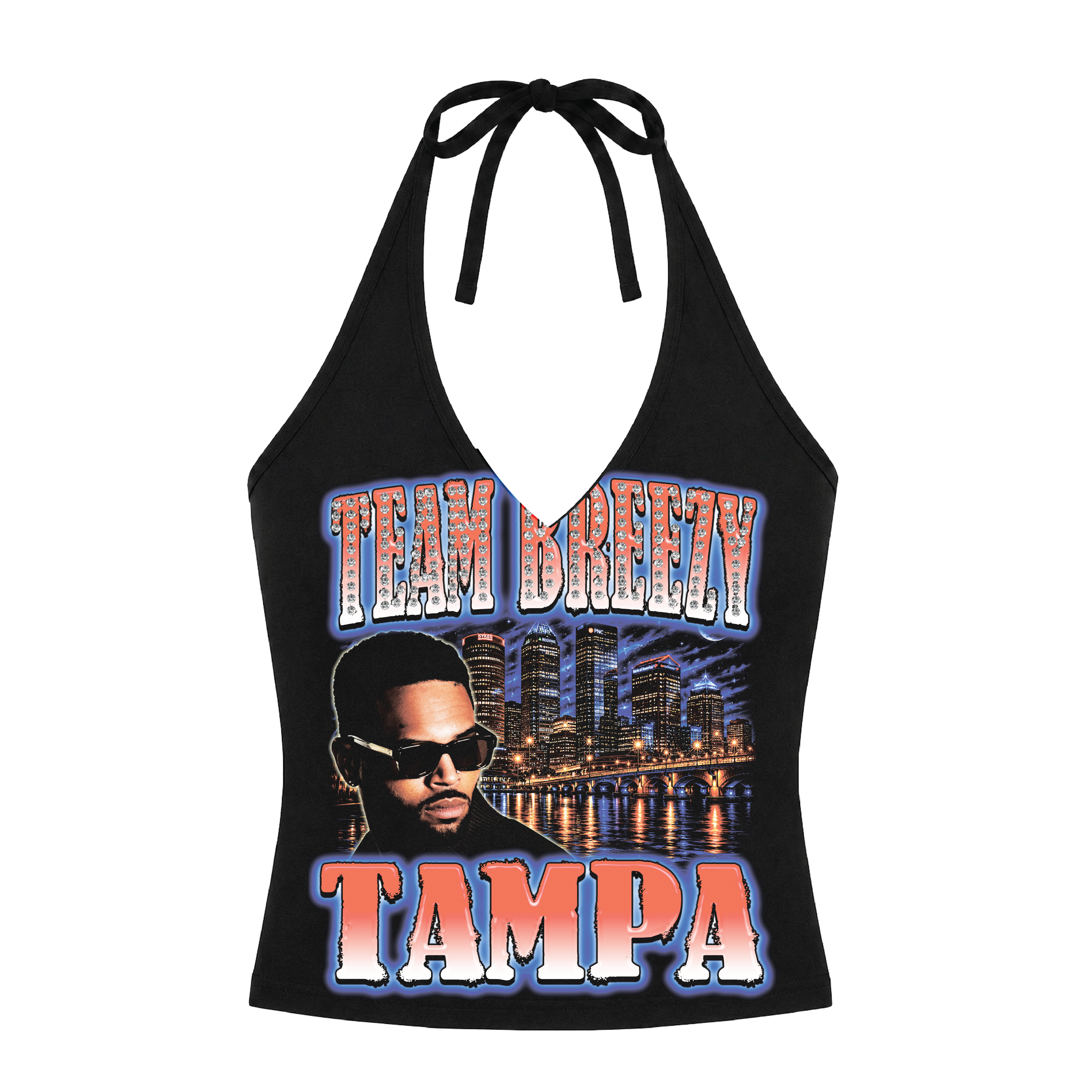 TEAM BREEZY REP YOUR CITY HALTER TOP W/ RHINESTONES